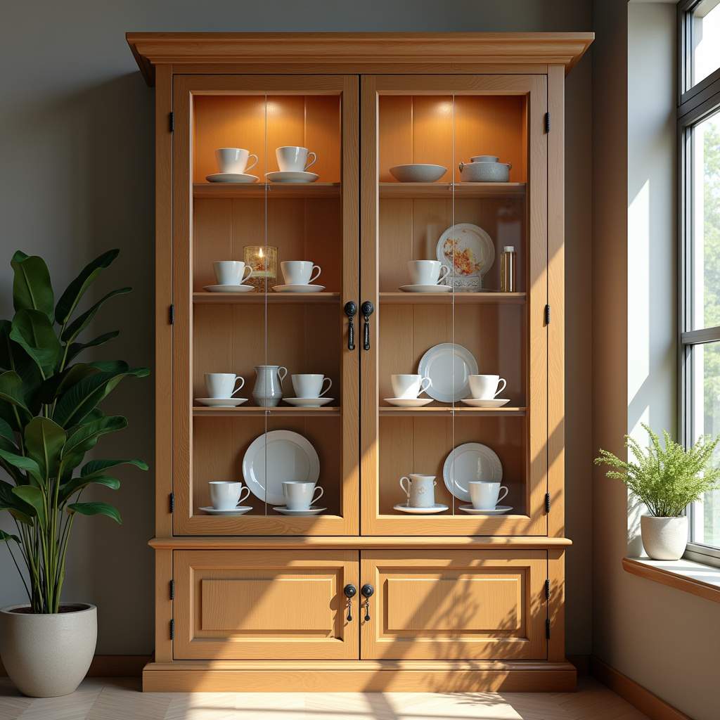 Glass door cabinet, cups and saucers display, harmonious colors, Brazilian design, natural Xícaras e pires em armário com portas de vidro.