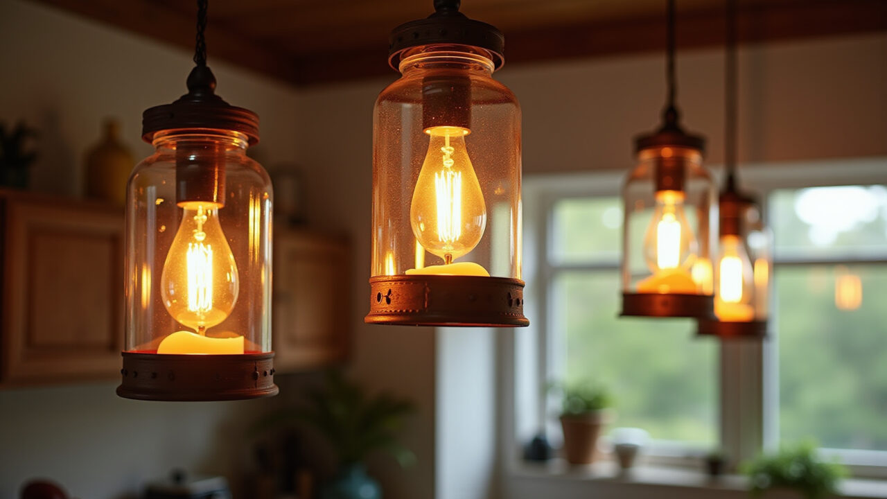 Glass jar lanterns and candle holders, warm light, hanging from ceiling, 8K, professional Luminárias e porta-velas originais feitos com potes de vidro.