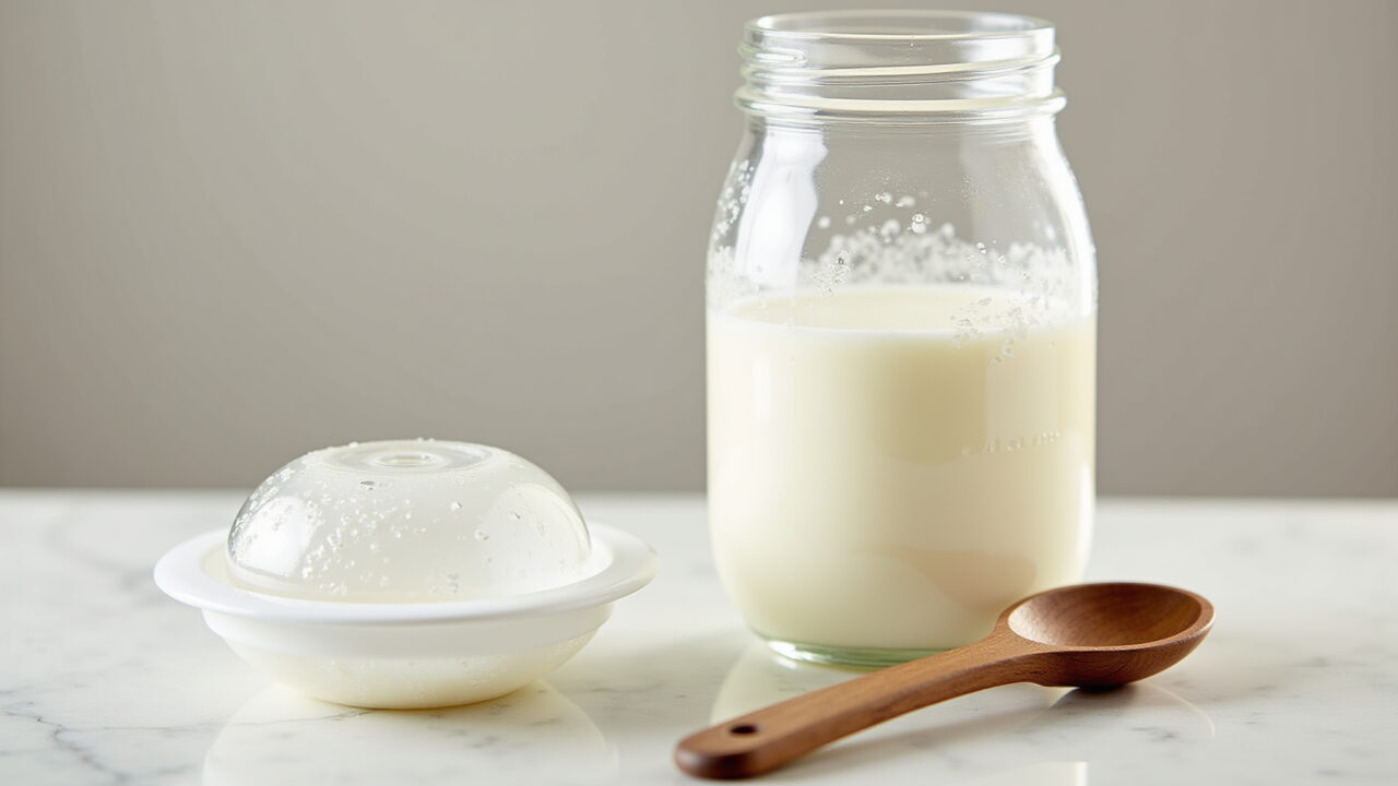 Glass jar, plastic strainer, wooden spoon for kefir preparation, clean kitchen background, natural Utensílios para preparar kefir caseiro.