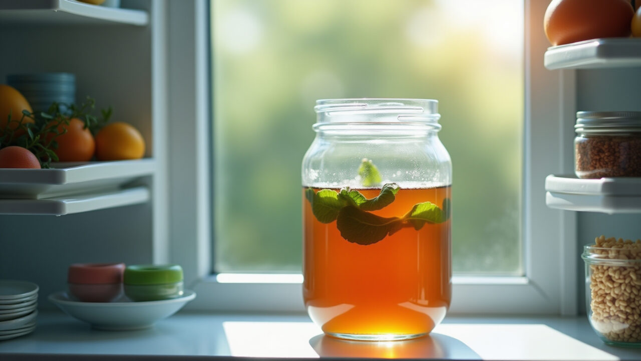 Glass jar with papaya leaf tea in refrigerator, natural light, organized shelves, 8K, sharp focus, Chá de folha de mamão verde conservado na geladeira.
