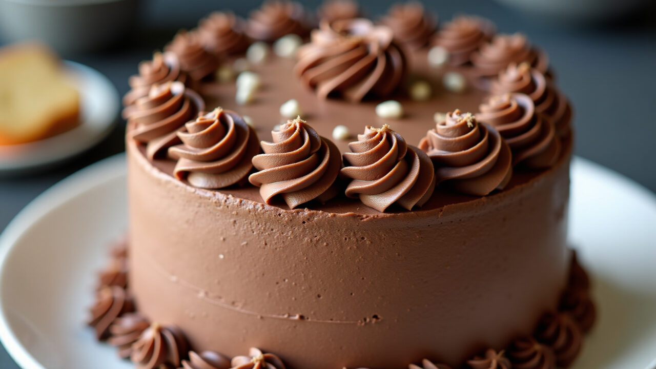 Gluten-free cake with chocolate frosting, professional photography, 8k quality, sharp focus, Bolo sem glúten com cobertura de chocolate.