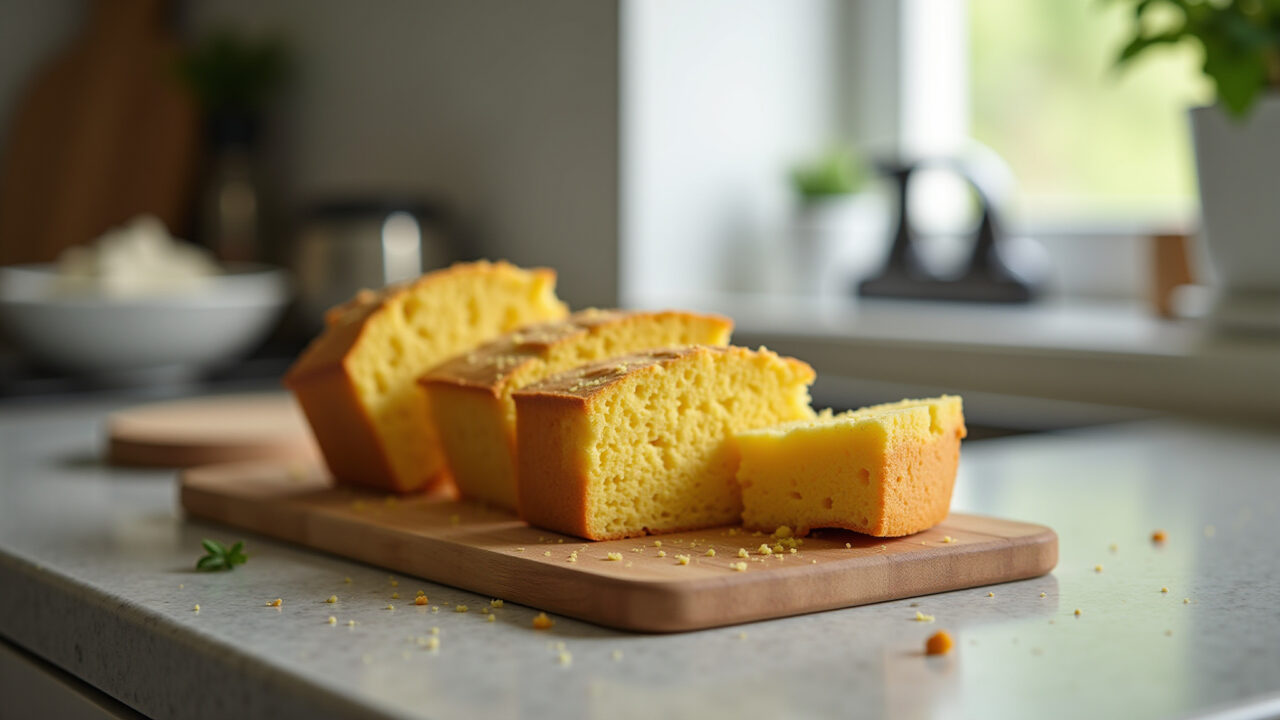 Gluten-free cornbread on a kitchen counter, healthy baking, Brazilian recipe, natural light, Bolo de fubá cremoso sem glúten em balcão de cozinha.