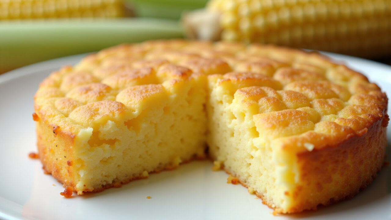 Gluten-free creamy corn cake, light and fluffy texture, served on a plate with corn cobs in the Bolo cremoso de milho sem farinha de trigo.