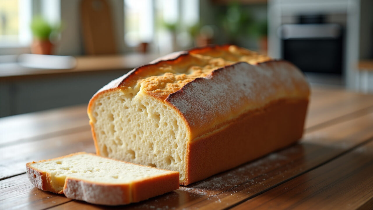 Gluten-free homemade bread made with rice flour, rustic table, bright kitchen, natural light, 8k Pão caseiro sem glúten feito com farinha de arroz.