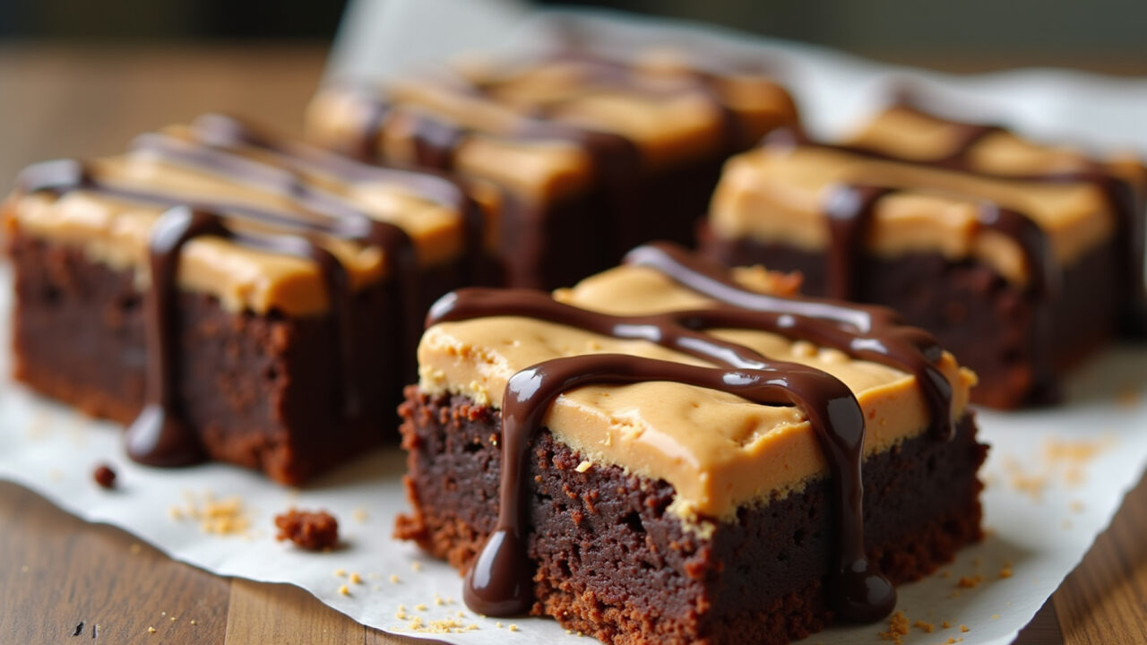Gluten-free peanut butter brownie, chocolate drizzle, professional photography, 8K quality, sharp Brownie sem glúten de pasta de amendoim com calda de chocolate.