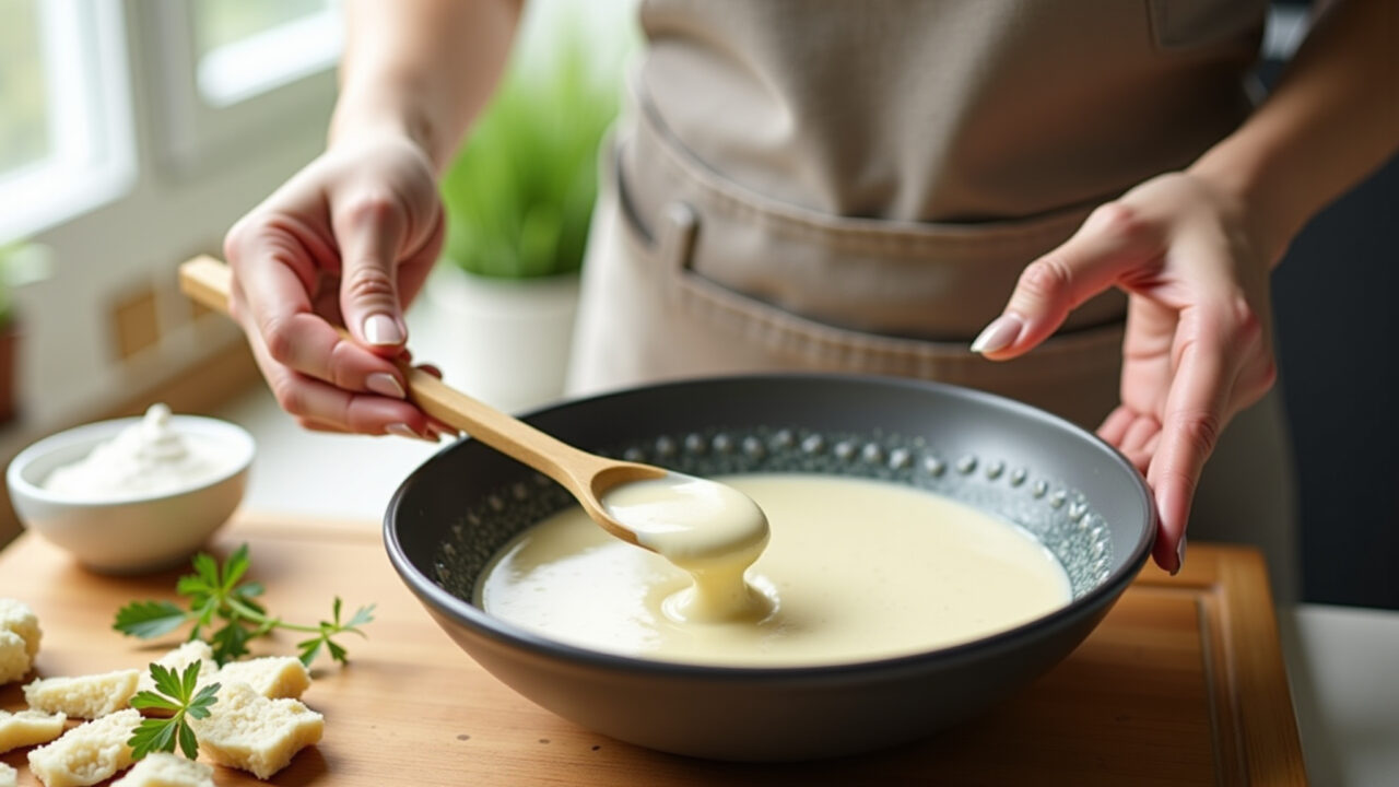 Gluten-free white sauce preparation with cornstarch, woman's hands stirring in a bright kitchen, Molho branco sem glúten com amido de milho.