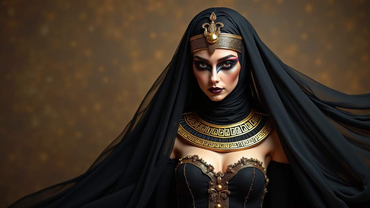 Goddess of death Halloween costume, black clothes, gold accessories, flowing fabrics, dramatic Deusa da morte: roupas pretas, acessórios dourados e maquiagem marcante.