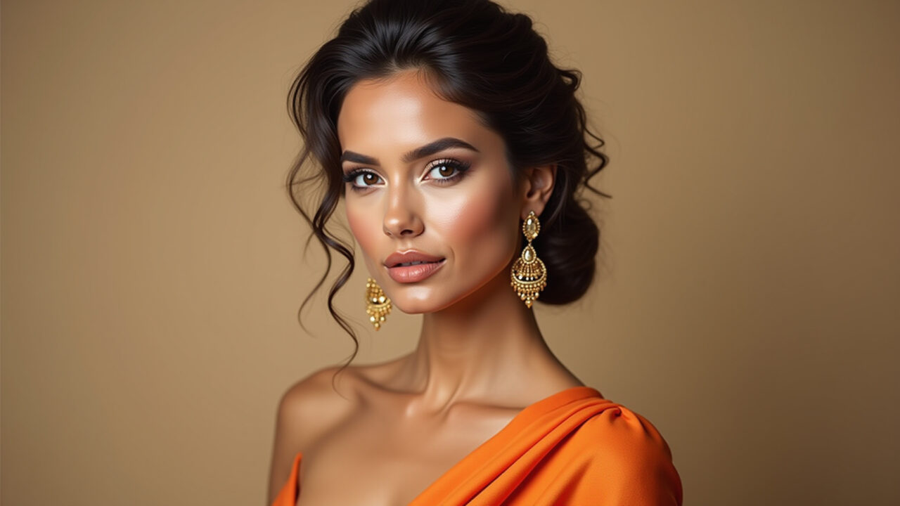 Maquiagem com acessórios dourados e vestido laranja: combinação perfeita.
