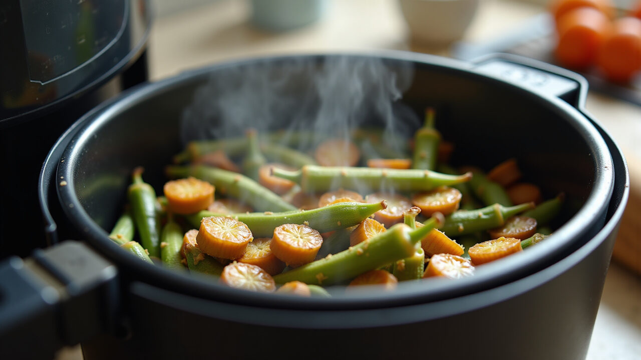 Golden brown okra in air fryer basket, close-up, steam rising, kitchen counter, natural light, 8K Quiabo dourado e crocante sendo preparado na airfryer.