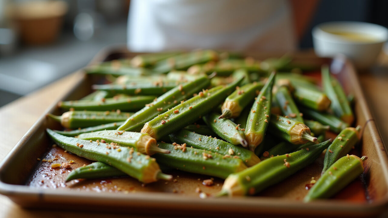 Golden brown okra roasted on a baking sheet in a bright kitchen, Brazilian spices, professional Quiabo assado no forno, crocante e sem baba.