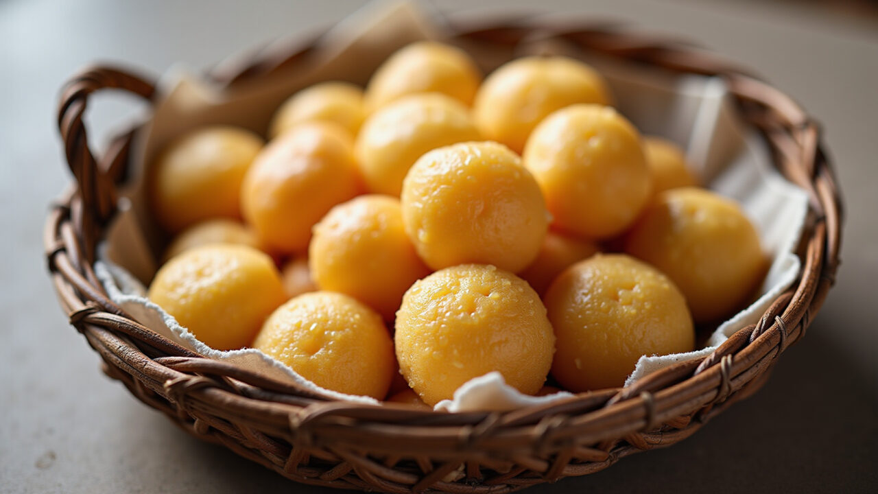 Golden chipa with polvilho doce, rustic basket, traditional Paraguayan recipe, natural light, 8k, Chipa com polvilho doce, receita tradicional paraguaia.