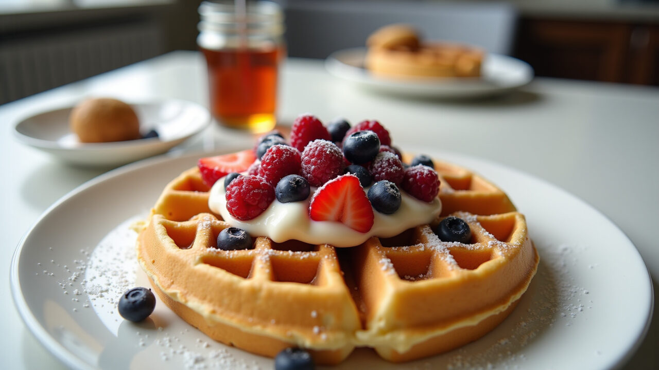 Golden waffle with polvilho doce, berries, honey, gluten-free breakfast, bright kitchen, 8k, Waffle com polvilho doce, sem glúten e delicioso.