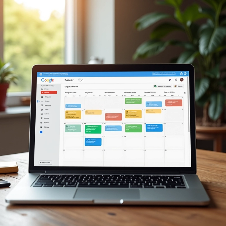 Google Calendar aberto no laptop, com blocos de tempo coloridos agendados.