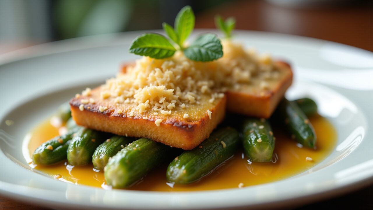 Gourmet baked okra with parmesan, golden crust, elegant plate, natural light, professional Quiabo assado com parmesão.