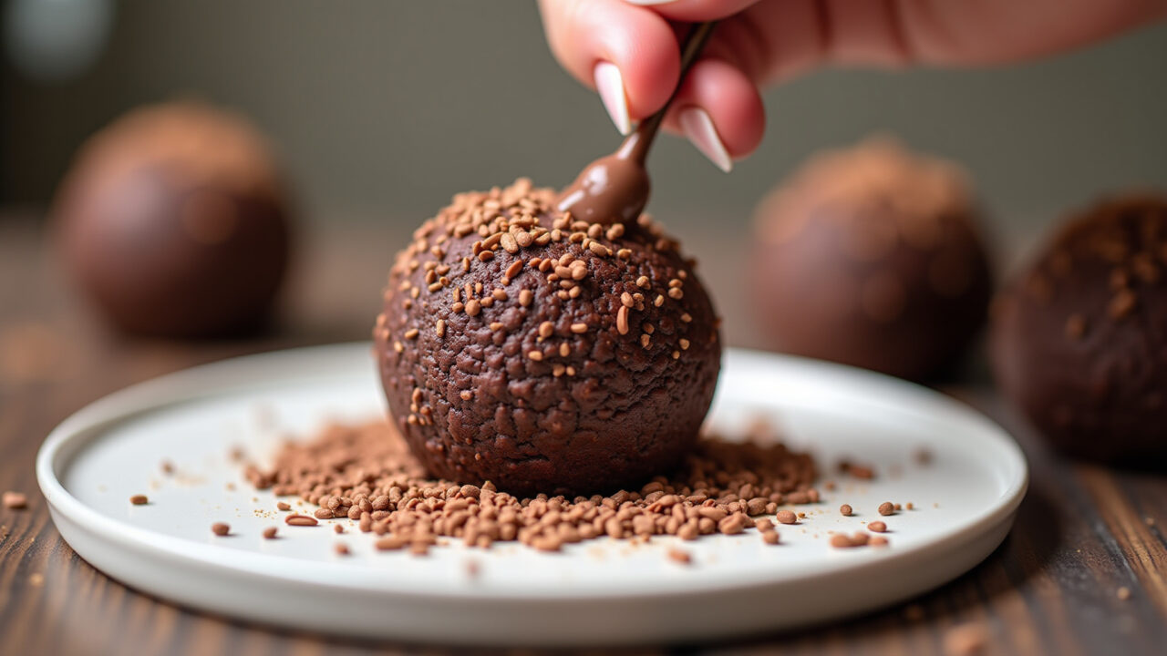 Gourmet brigadeiro de Nutella being decorated with Belgian chocolate sprinkles. Professional Brigadeiro gourmet de Nutella com granulado belga.