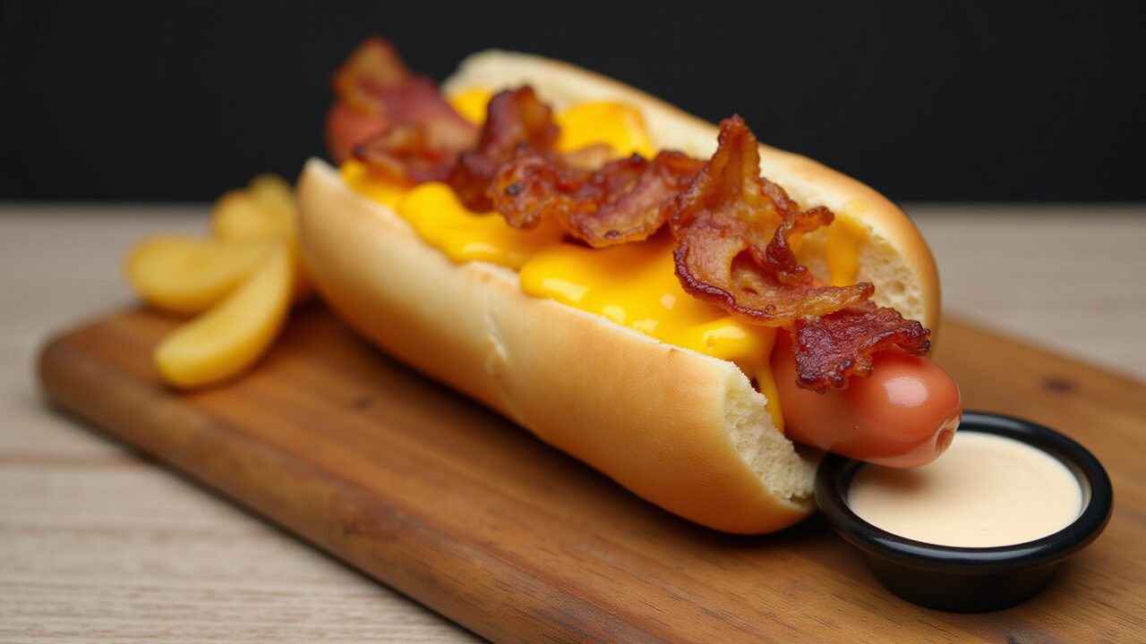 Gourmet hot dog with melted cheddar, crispy bacon, potato sticks, special sauce, on a wooden board, Cachorro-quente gourmet com queijo cheddar e bacon.