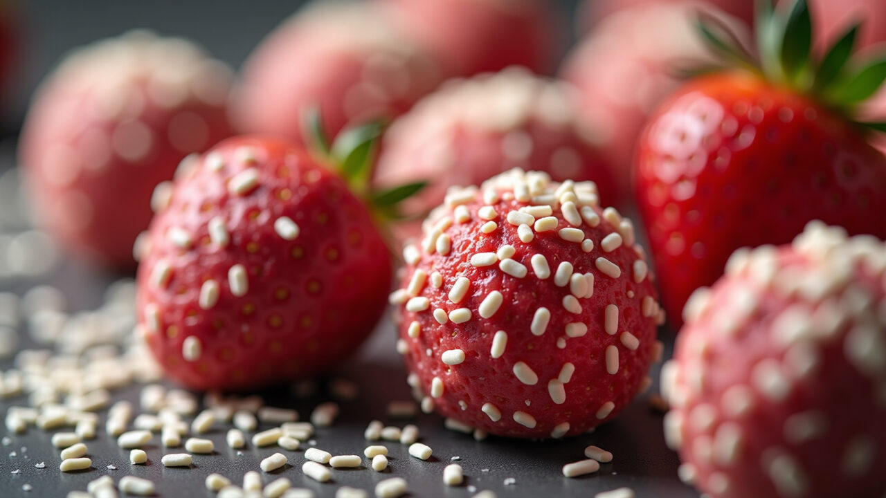 Gourmet strawberry brigadeiro with white chocolate sprinkles, close-up, professional photography, Brigadeiro de morango gourmet com chocolate branco.