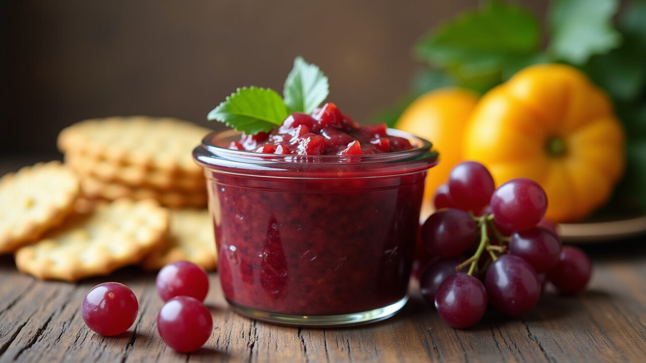 Grape chutney, glass jar, crackers, cheese, rustic background, natural light, 8K quality, sharp Chutney de uva em pote de vidro com queijos e torradas.