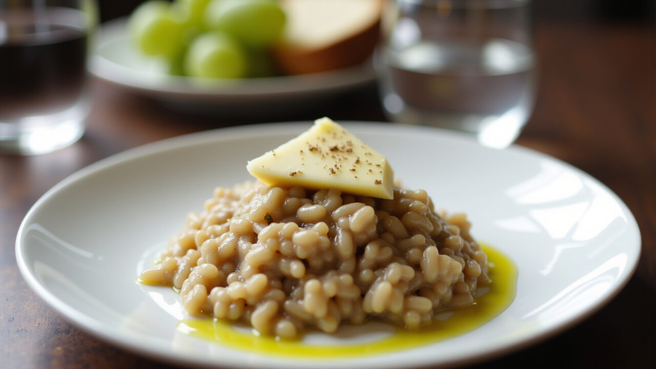 Grape risotto with brie cheese, plate, truffle oil, creamy texture, elegant setting, natural light, Risoto de uva com queijo brie servido em prato elegante.