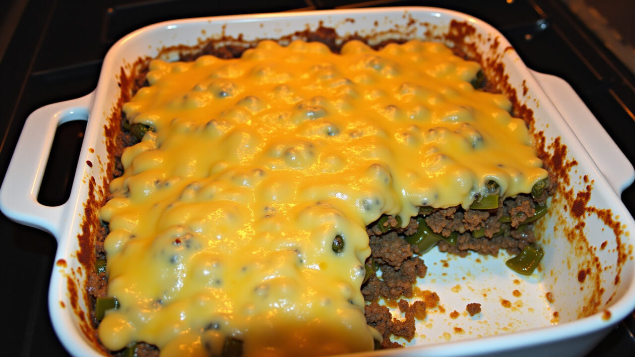 Gratin of okra and ground beef in a baking dish, melted cheese on top, golden brown, professional Quiabo com carne moída gratinado no forno.