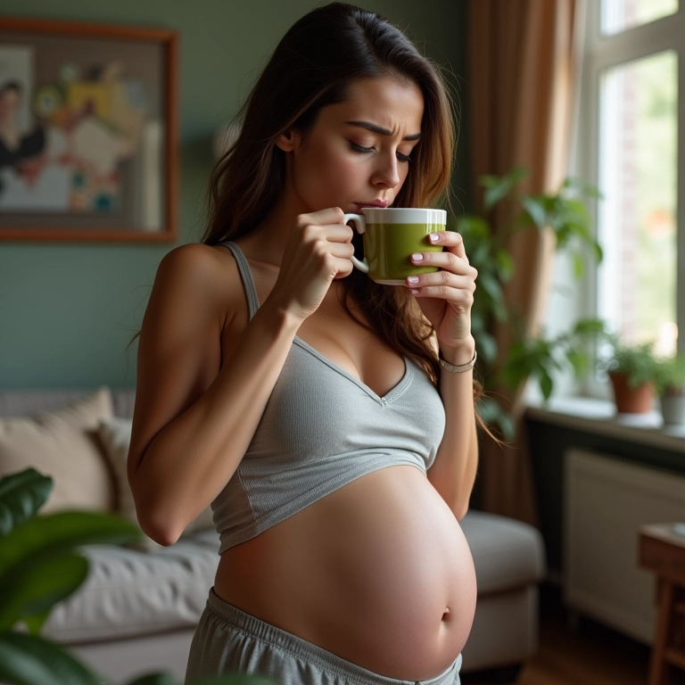 Grávida bebendo chá verde com expressão preocupada.