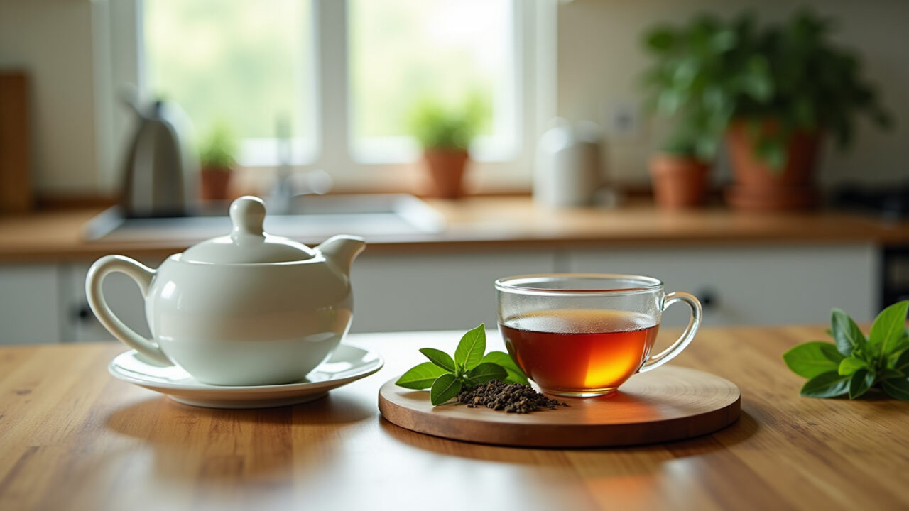 Graviola leaf tea with digestive herbs, natural light, kitchen setting, healthy lifestyle, Chá de graviola com ervas digestivas.