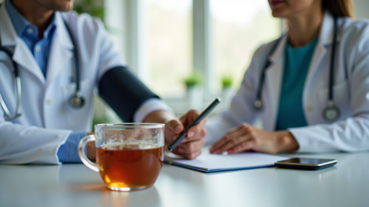 Graviola tea and blood pressure monitor, doctor consultation, natural light, health concept, Chá de graviola e monitor de pressão arterial.
