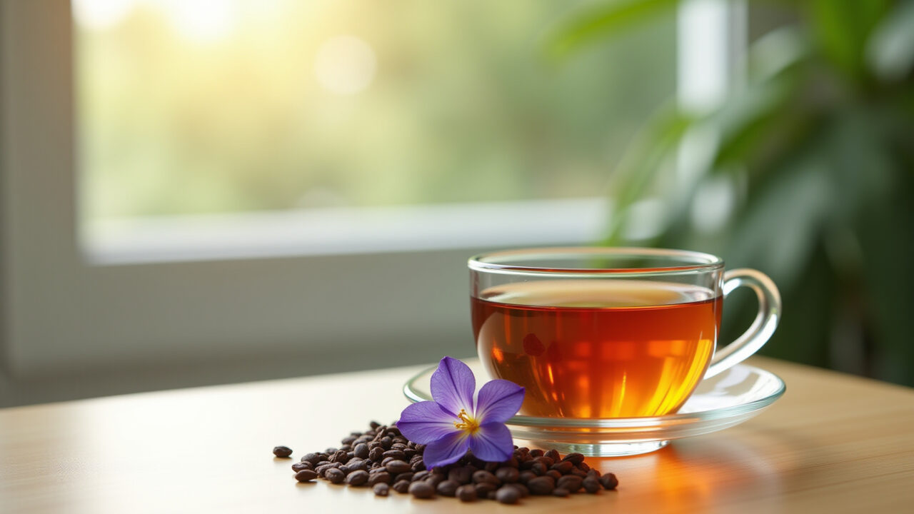 Graviola tea and headache relief, natural light, calm environment, health concept, professional Chá de graviola para alívio de dores de cabeça.