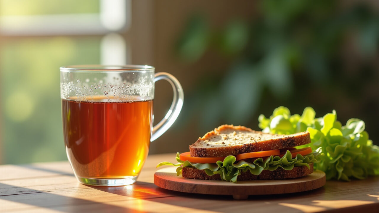 Graviola tea and healthy diet, balanced meal, natural light, weight loss support, professional Chá de graviola e dieta saudável para auxiliar na perda de peso.