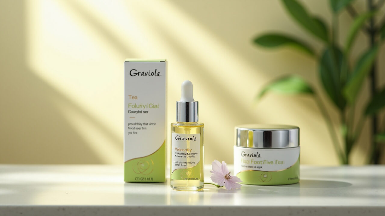 Graviola tea and skin care products, natural light, healthy skin concept, professional photography, Chá de graviola e produtos de cuidados com a pele.