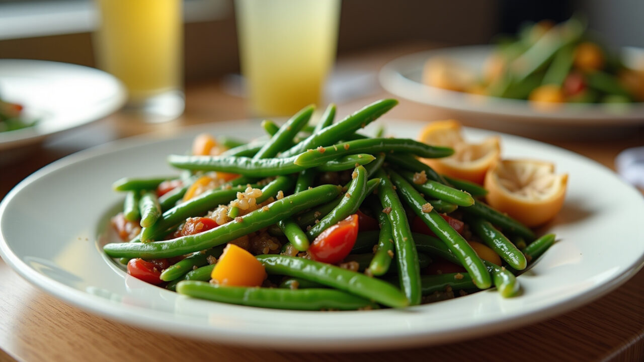 Green beans and okra stir-fry, vegan dish, healthy eating, vibrant colors, natural light, 8K, Vagem com quiabo refogado, opção vegana.