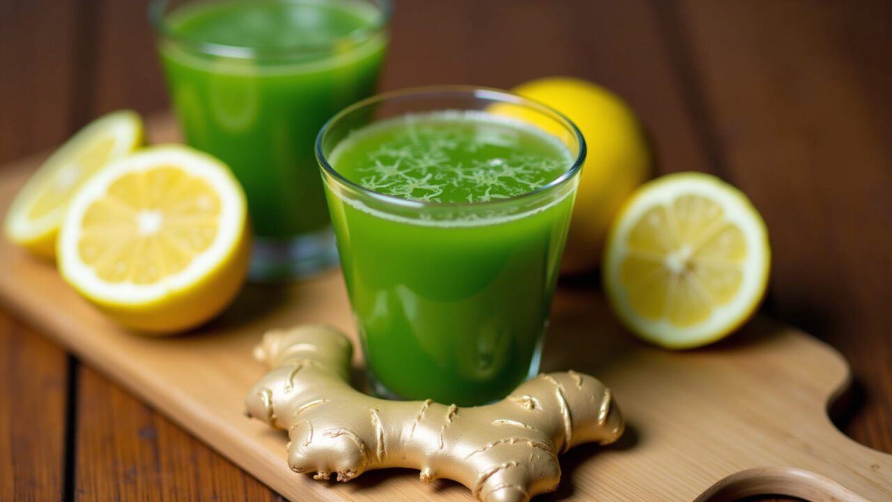 Green tea with ginger and lemon, vibrant colors, natural ingredients, wooden table, Farm Rio style, Chá verde com gengibre e limão em copo de vidro.