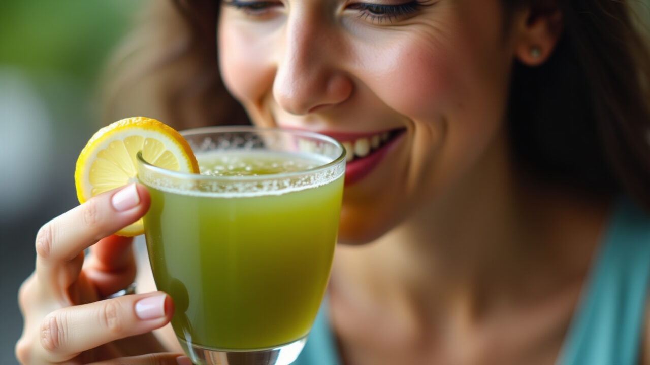 Green tea with lemon, close-up shot, bright and airy, lifestyle photography, Brazilian woman Chá verde com limão, bebida refrescante e diurética.