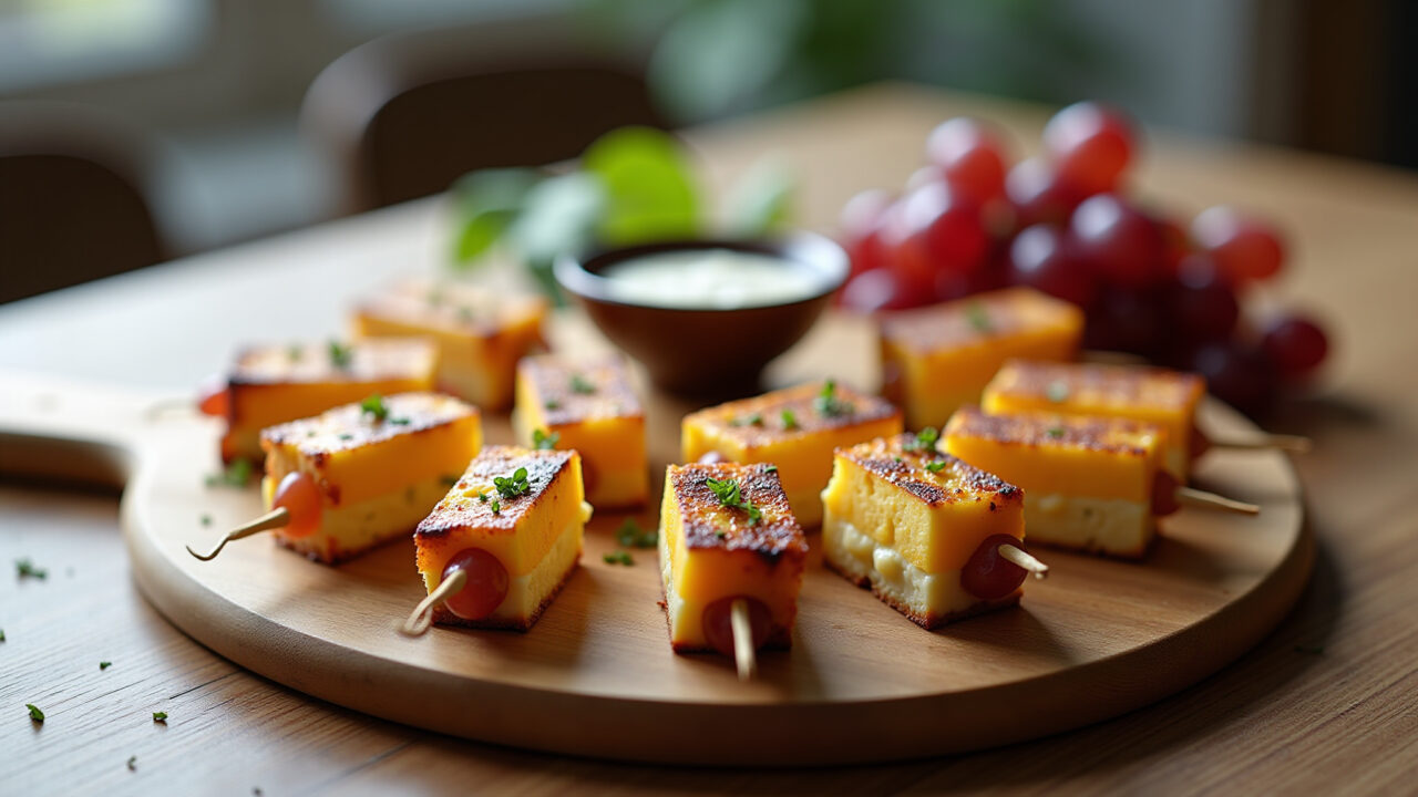 Grilled cheese skewers with grapes, wooden board, dipping sauce, happy hour, natural light, 8K Espetinhos de queijo coalho com uva grelhados.