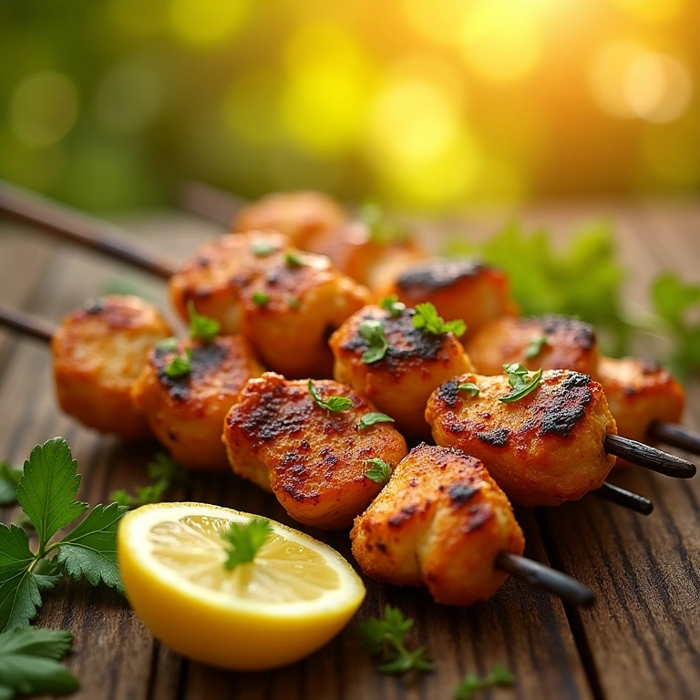 Grilled chicken skewers with lemon, herbs, and a bright, sunny background. Professional Espetinho de frango ao limão grelhado, receita leve e refrescante.