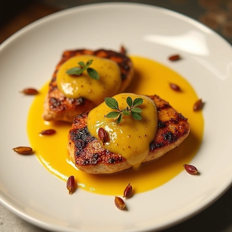 Grilled chicken with passion fruit sauce on a white plate, garnished with passion fruit seeds, Frango grelhado com molho de maracujá, explosão de sabores.