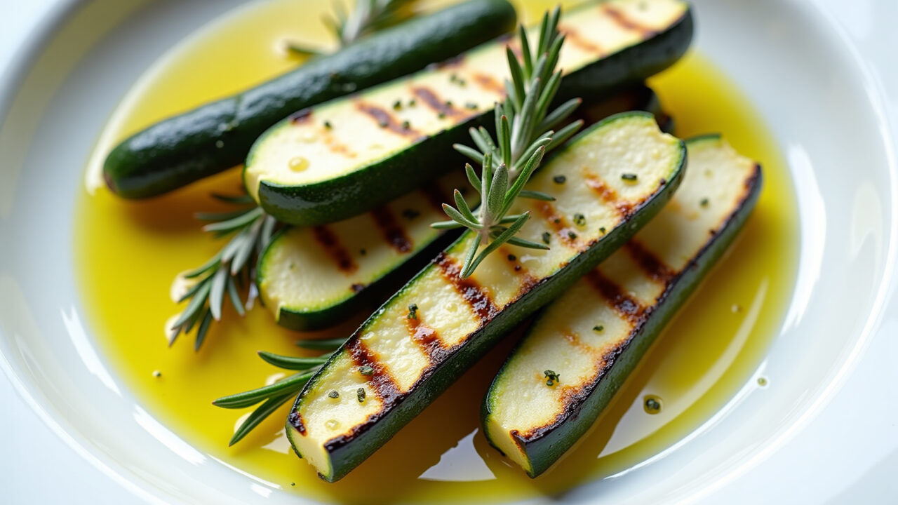 Grilled zucchini with herbs, plate, olive oil, rosemary, thyme, oregano, side dish, professional Abobrinha grelhada com ervas finas.