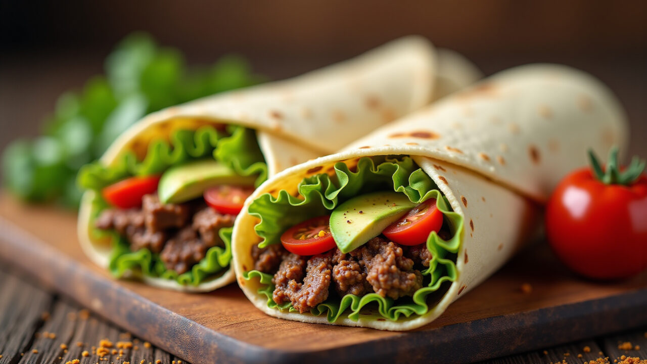 Ground beef wrap with guacamole, fresh lettuce, tomato, mexican spices, healthy lunch, 8k, Wrap de carne moída com guacamole.