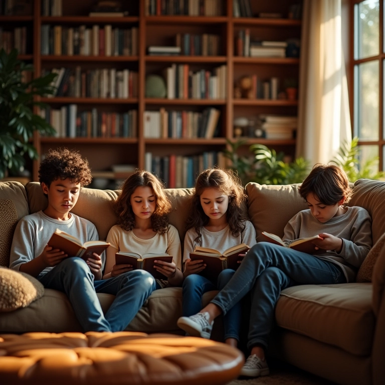 Livros sobre famílias: Histórias que inspiram Grupo de amigos lendo em uma sala aconchegante com decoração brasileira.