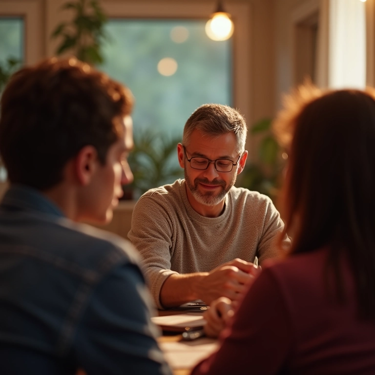 Grupo de apoio discutindo como livros podem ajudar em conflitos familiares.