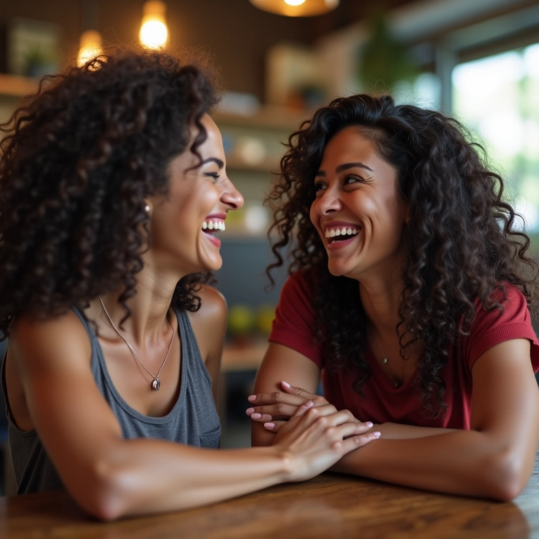 Grupo de mulheres brasileiras rindo e se apoiando em um café.