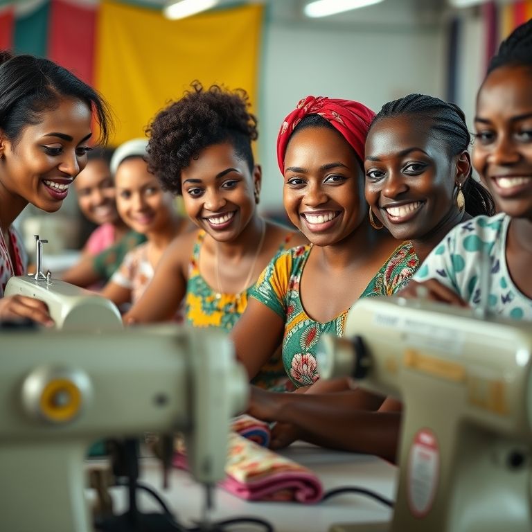 10 Acessórios de Máquina de Costura Que Facilitam a Vida Grupo de mulheres costurando juntas em oficina vibrante.