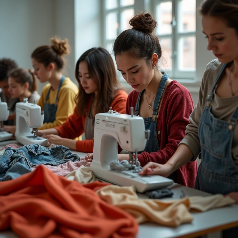 Grupo de mulheres costurando roupas velhas transformadas em novas peças de moda em um estúdio iluminado.