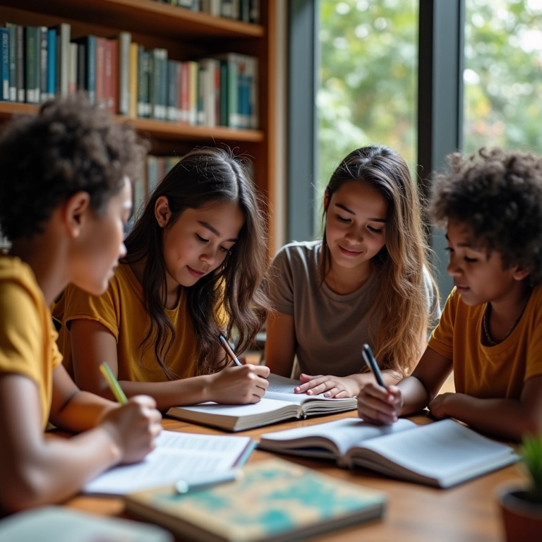 7 Técnicas de Memorização Para te Ajudar nos Estudos Grupo diverso de estudantes em biblioteca vibrante estudando juntos.