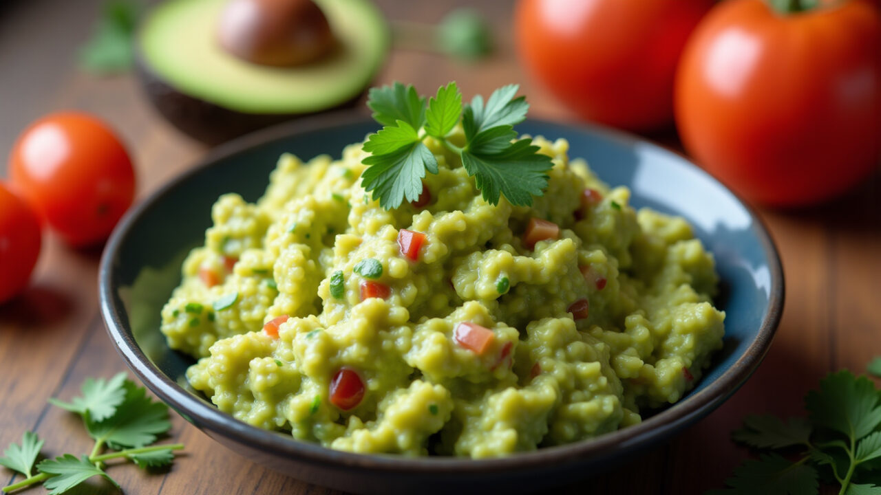 Guacamole preparation, vibrant colors, professional photography, 8K, sharp focus, natural lighting, Guacamole cremoso com abacate, tomate e coentro.