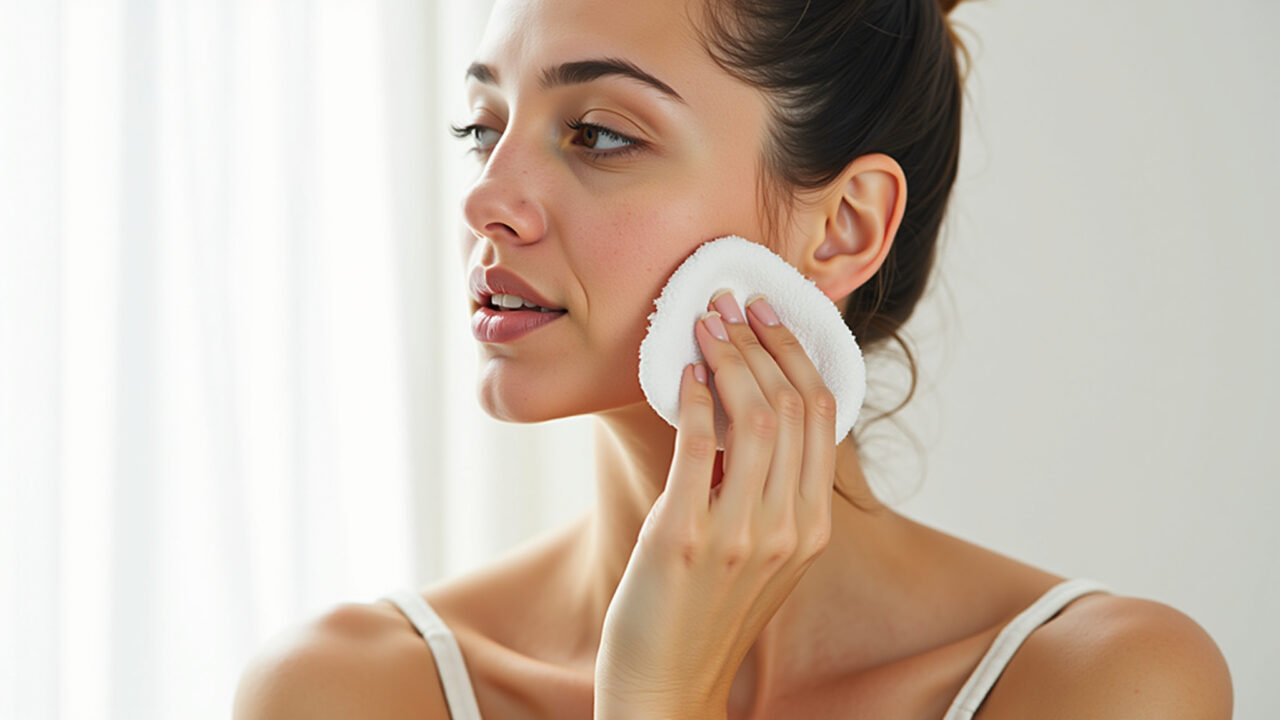 Guava leaf tea for acne treatment. Woman applying tea to face with cotton pad, clear skin, natural Mulher aplicando chá de goiaba no rosto para acne.