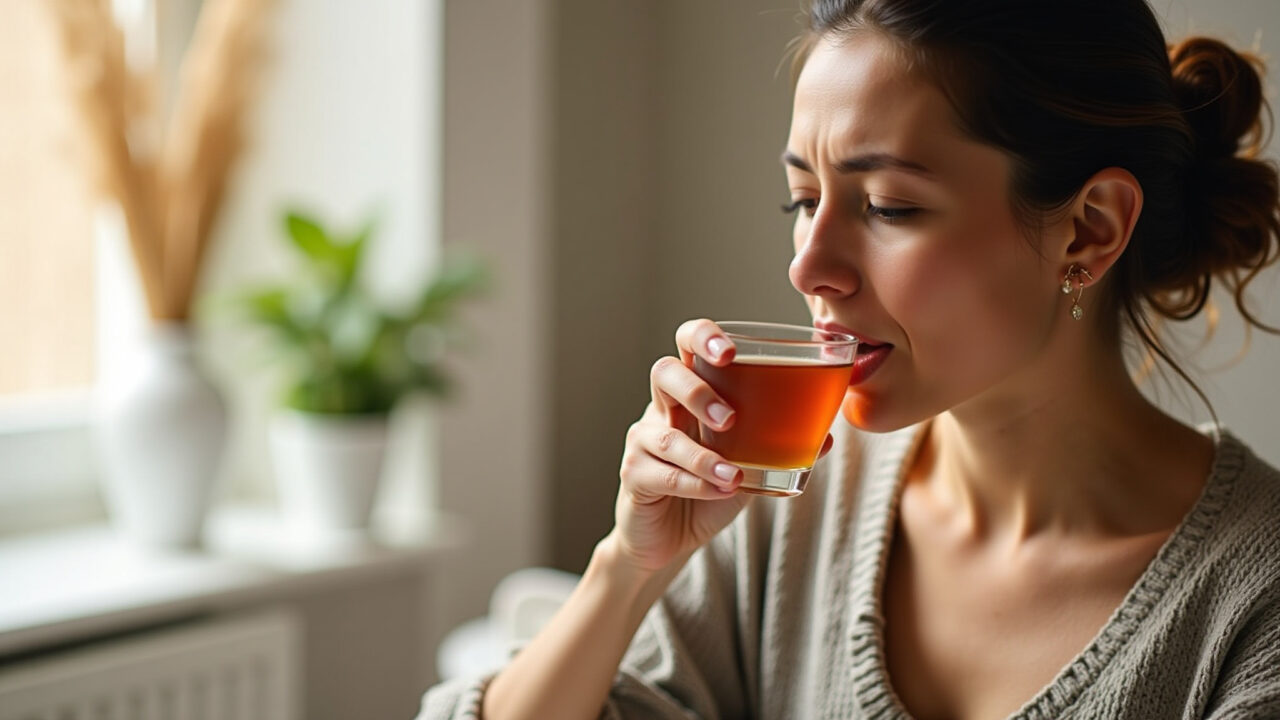 Guava leaf tea for cough relief. Woman drinking tea, sore throat expression, warm light, cozy Mulher bebendo chá de goiaba para aliviar a tosse.