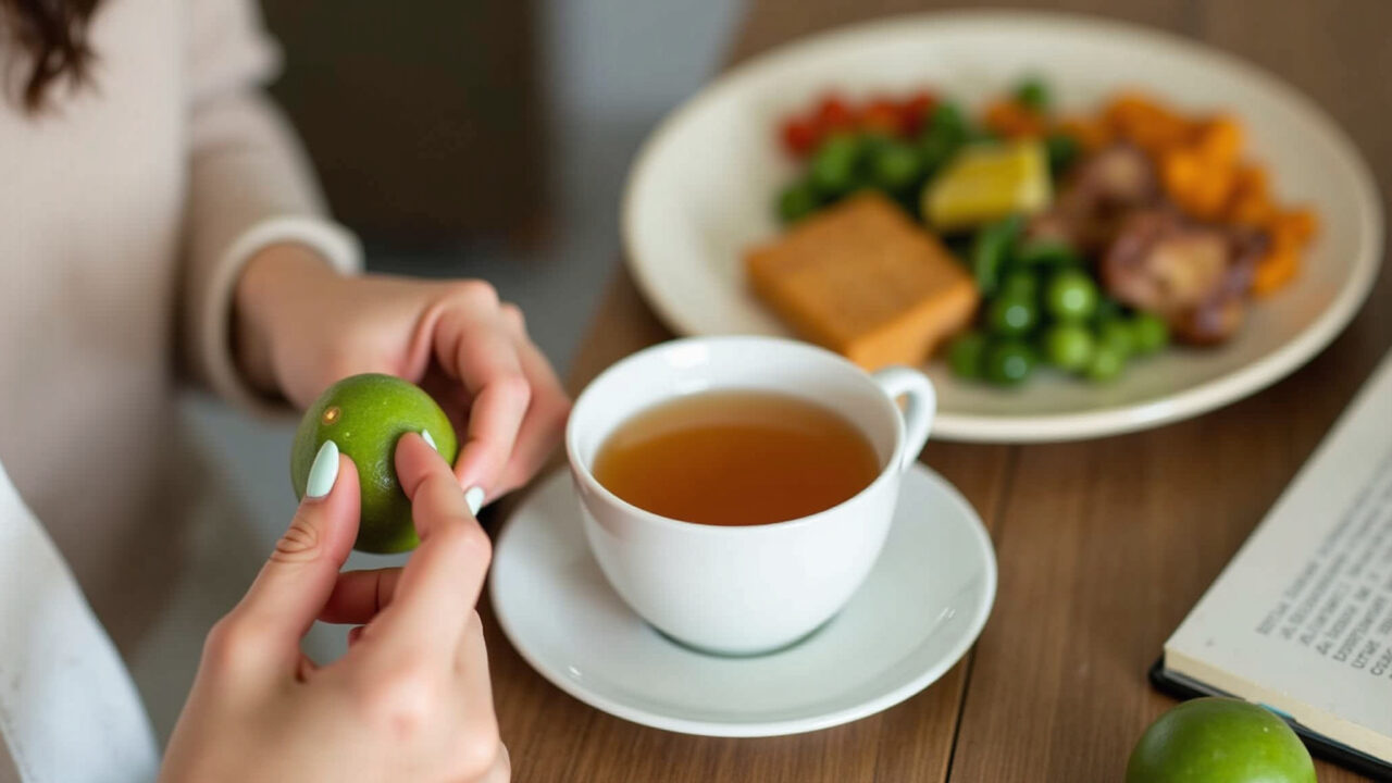 Guava leaf tea for diabetes. Woman drinking tea, healthy meal in background, monitoring blood Mulher bebendo chá de goiaba para diabetes.