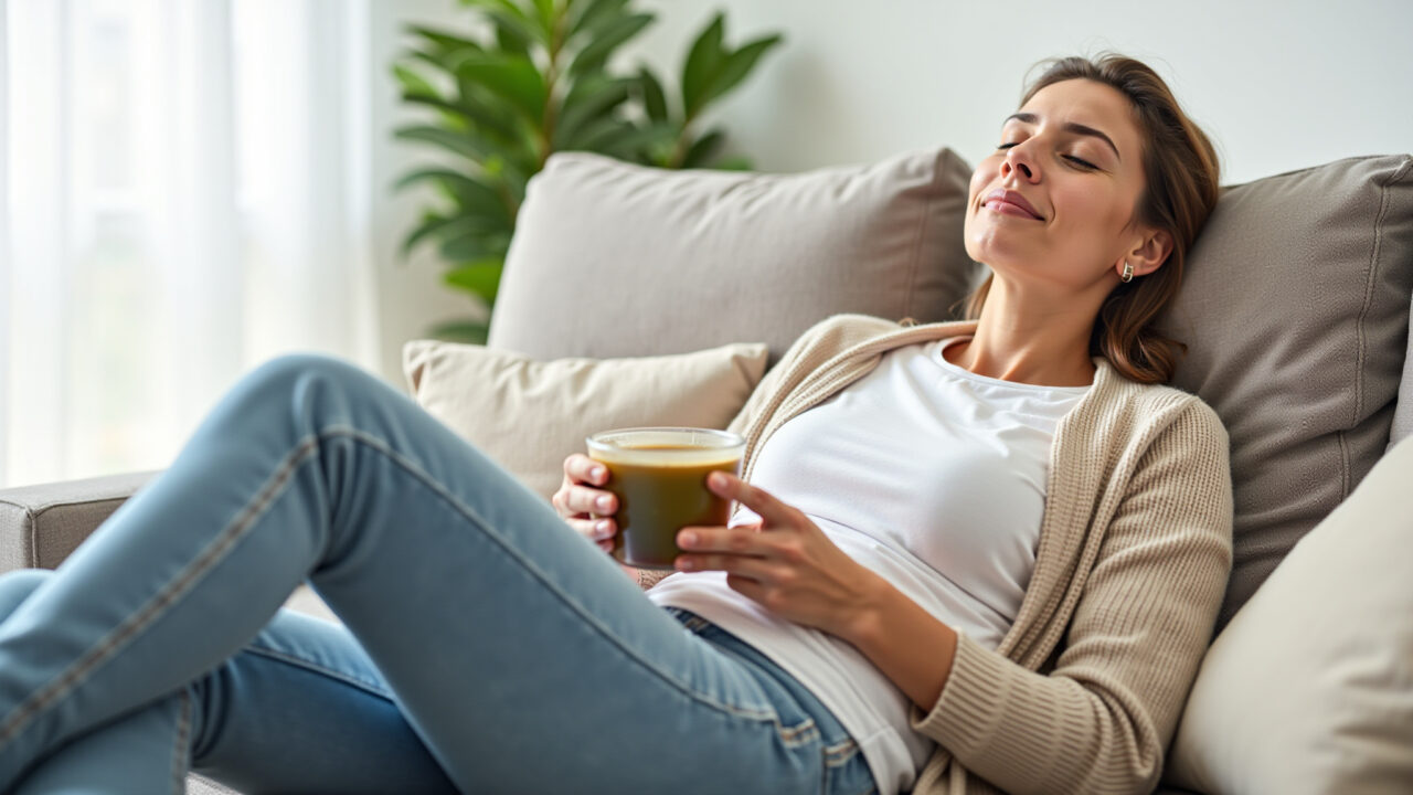 Guava leaf tea for diarrhea relief. Woman relaxing on sofa, holding cup of tea, stomach ache Mulher relaxando no sofá com chá para diarreia.