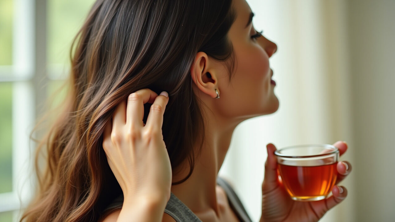 Guava leaf tea for hair. Woman rinsing hair with tea, shiny hair, natural light, hair care routine, Mulher enxaguando o cabelo com chá de goiaba.